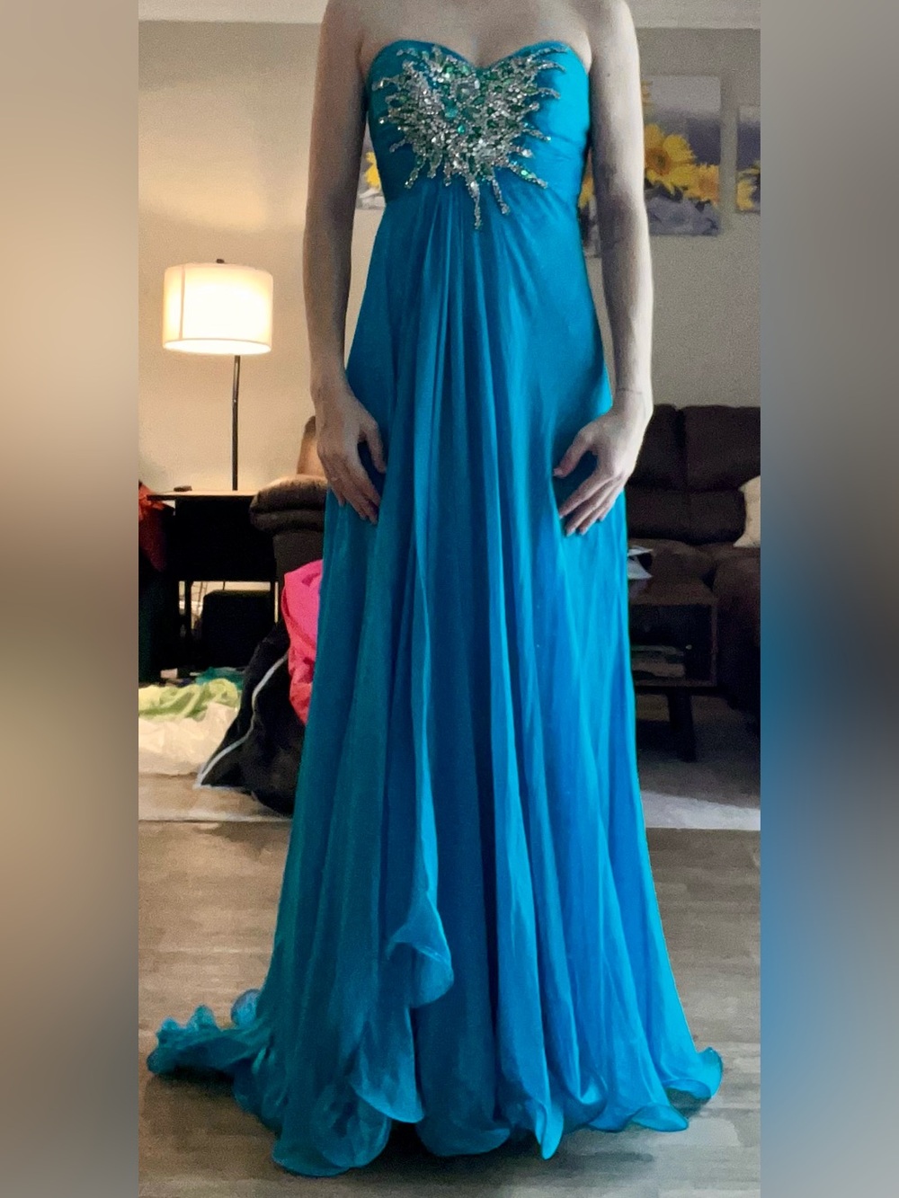 Strapless Teal Gown with Beaded Bodice